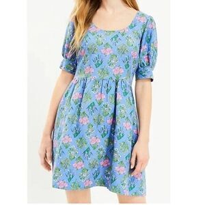 LOFT Women’s 2 Floral Babydoll Dress Blue Linen Blend Scoop Neck Puff Sleeve NEW